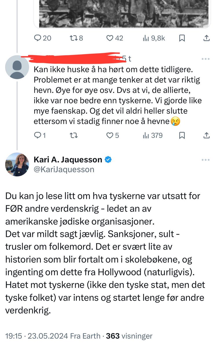 Om noen lurer på hvordan det går med Kari om dagen har hun akkurat fått sydd på «jødene var skyld i andre verdenskrig»-merket på uniformen sin. Sånn i tilfelle du skulle komme i skade for å ta noe annet hun sier alvorlig.