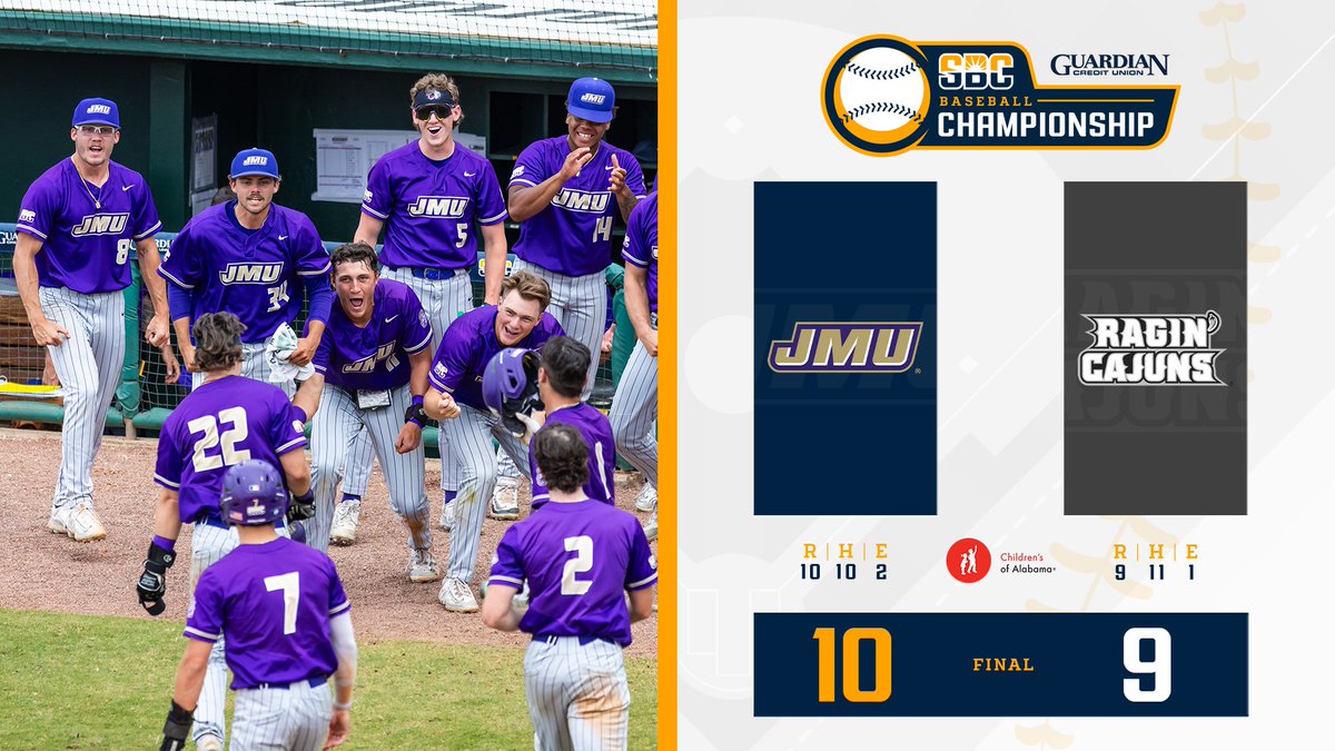 SunBelt's tweet photo. 𝗚𝗢𝗧 𝗧𝗛𝗔𝗧 𝗗𝗨𝗞𝗘 𝗗𝗢𝗚 𝗜𝗡 '𝗘𝗠.

@JMUBaseball rallies from a 7-1 deficit to stave off elimination with a 10-9 win over Louisiana at the #SunBeltBSB Championship. Final score brought to you by @ChildrensAL. ☀️⚾️ https://t.co/L2V6cefgyC