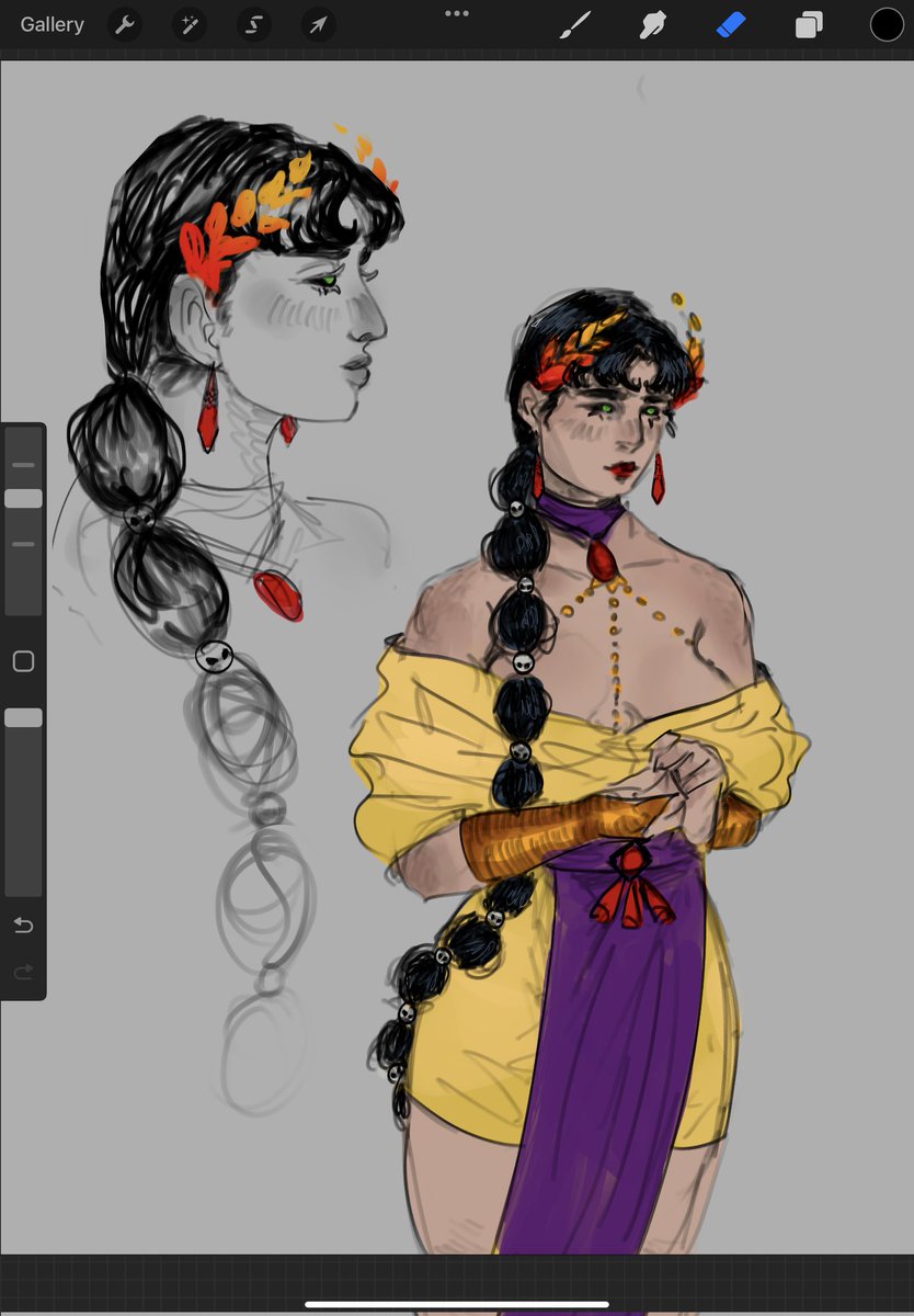 Slowly wrestling my way out of art block with a rough ass hades oc design... Persephone deserves to raise at least ONE of her children so, here's Macaria, third child of the God of the dead. Goddess of blessed death - whatever that means :')