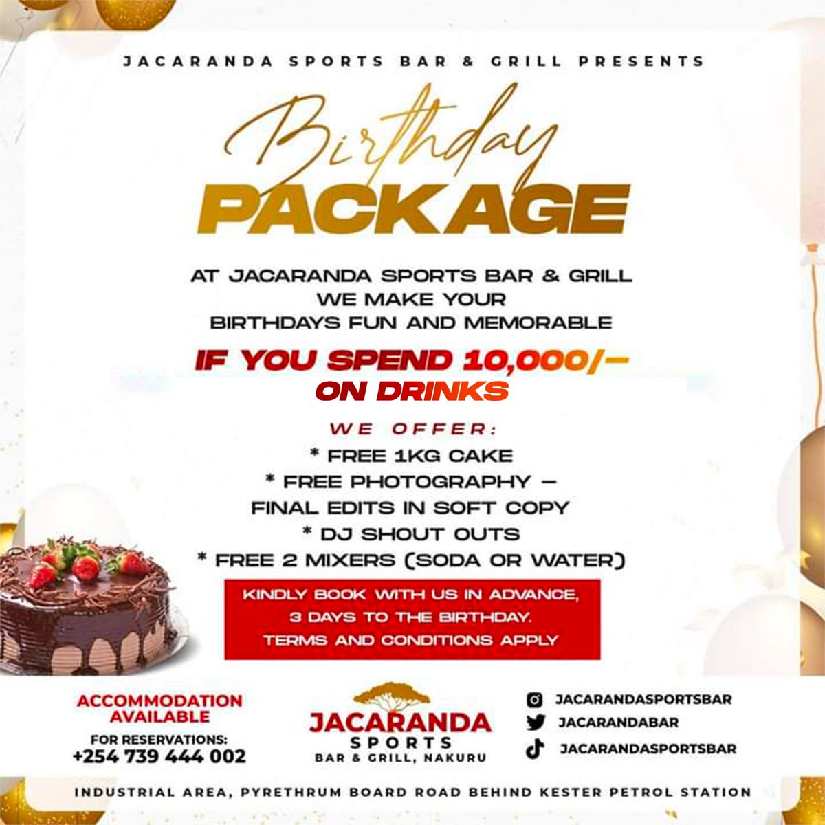 CELEBRATE YOUR BIRTHDAY WITH US!

Mark your special day with us! Engage in the jubilation, relish delectable delights, & craft everlasting moments. Accompanied by Music, mirth, and amusement, it's an event not to be overlooked.

#birthdaycelebration #dessert #jacarandasportsbar🎂