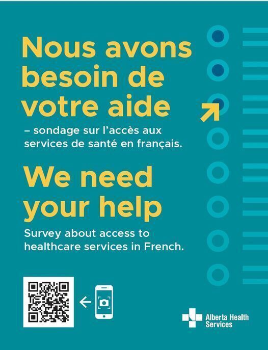 URGENT !

SVP, faire circuler ce 2e sondage qui fait suite à la campagne publicitaire d'Alberta Health et Alberta Health Services.

Pour y répondre : s.advanis.ca/ahs_fr

Date limite le 24 mai 2024 !

*Une fois complété, passez le sondage à vos proches!

#GOAHealth #AHS_media