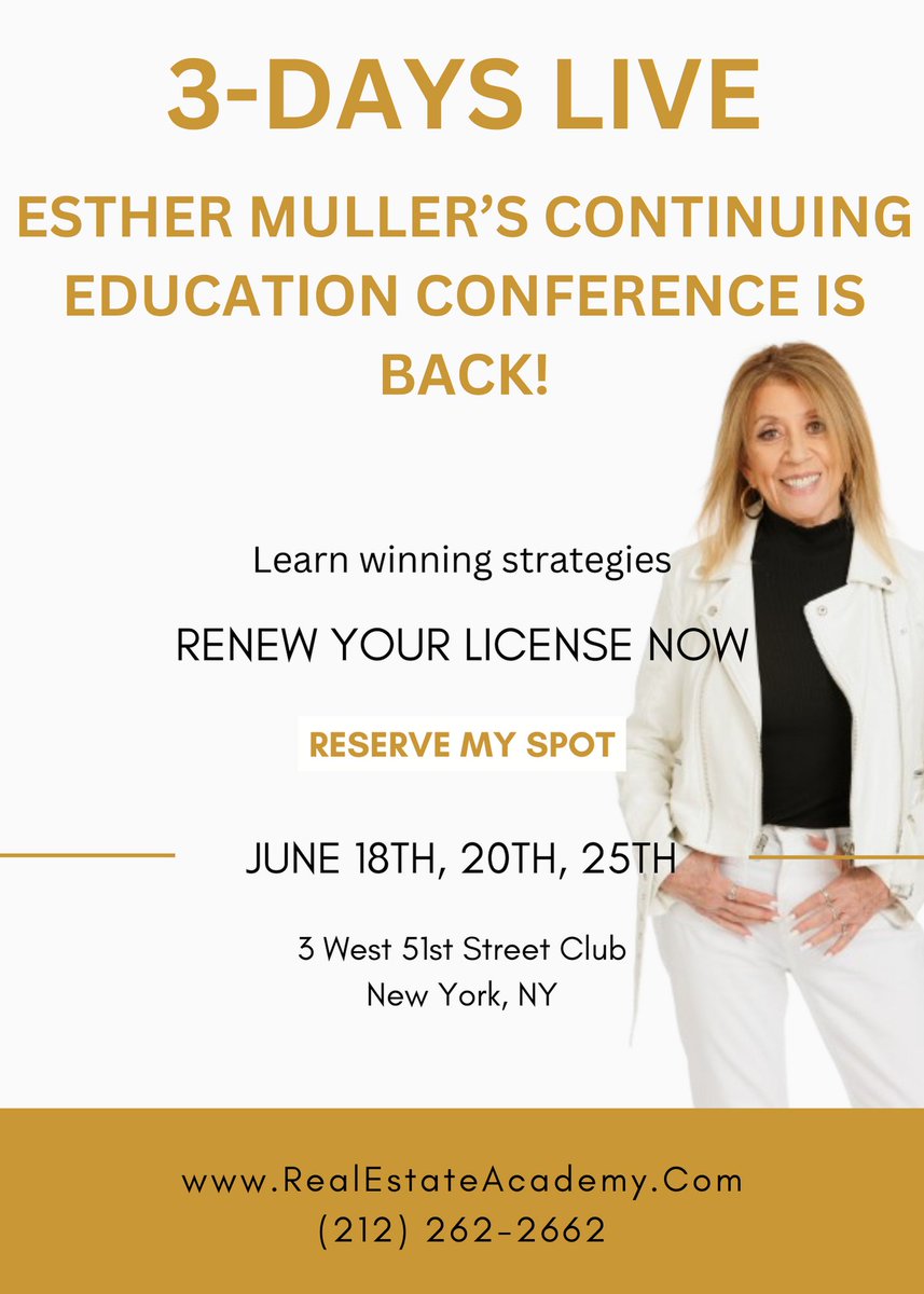 Esther_Muller's tweet photo. The Real Estate Academy is back up and LIVE with Esther Muller - June 18th, June 20th, and June 25th

Don't miss out on an unforgettable experience, while getting your Continuing Education Credits with top industry leaders...

Reserve Your Spot Now
https://t.co/K4ZWRYH4lz https://t.co/weW0z8o8B6