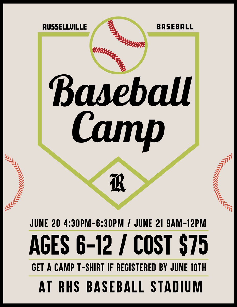 KIDS CAMP ⚾️ ☀️ 

The Russellville Baseball Program will be hosting camp for kids ages 6-12! Campers will receive instruction from the Russellville Coaching Staff and players, past and current. 

Pre-Registration can be filled out in the link below! 

docs.google.com/forms/d/e/1FAI…