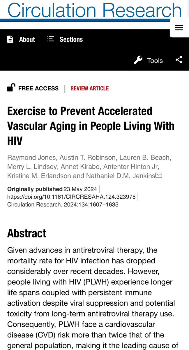 Our review, “Exercise to prevent accelerated vascular aging in people living with HIV”, is out in @CircRes. Thnx 2 the STELLAR team who pulled this 2gether! @merrylindseyphd @annetkiraboc1 @phdgprotein86 @kerlands @laurenbbeach @AusRob_PhD & Ray Jones 💪🏽 ahajournals.org/doi/10.1161/CI…