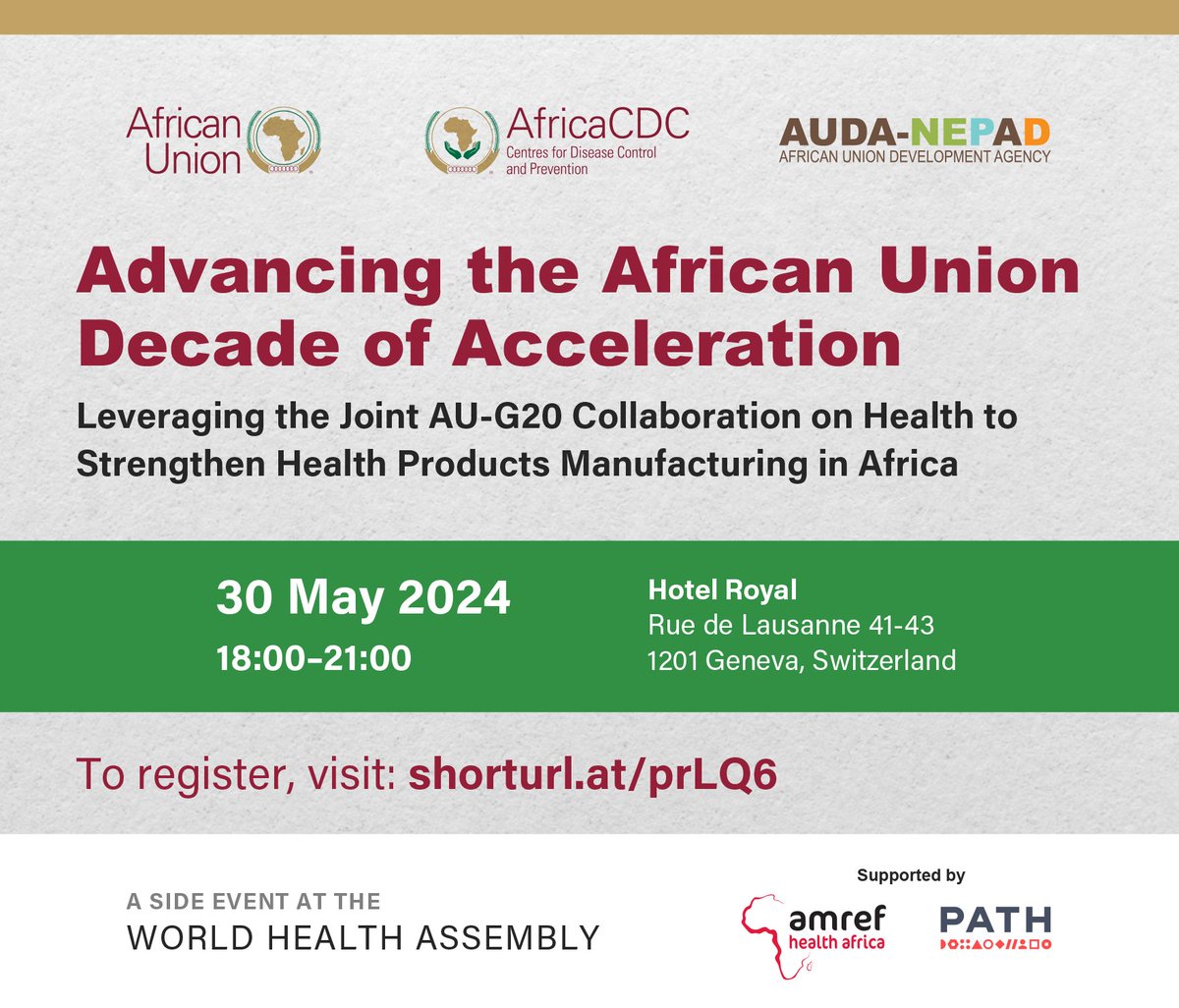 We're proud to support this #WHA77 side event hosted by @AfricanUnion, @AfricaCDC & @NEPAD_Agency. 🌍 AU Member States & G20 countries will explore strategies to enhance R&D, pooled procurement & manufacturing in the Global South in line with #GlobalHealthSecurity commitments.