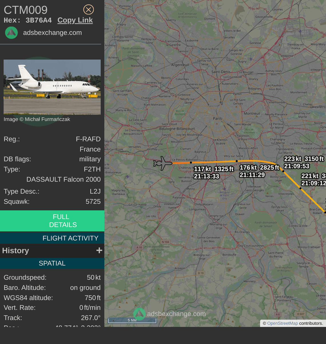 FlottePresident's tweet photo. 🛬 Le Dassault Falcon 2000LX 🇫🇷 République Française immatriculé #FRAFD a atterri près de Villacoublay/Vélizy, France.

📋 Bilan (estimation) :
~ 3h08 de vol
~ 2.449 km parcourus
~ 2.400 kg de carburant consommé

Revoir ce vol #CTM009 : https://t.co/477h1yKi60 https://t.co/jYgdWb7sd3