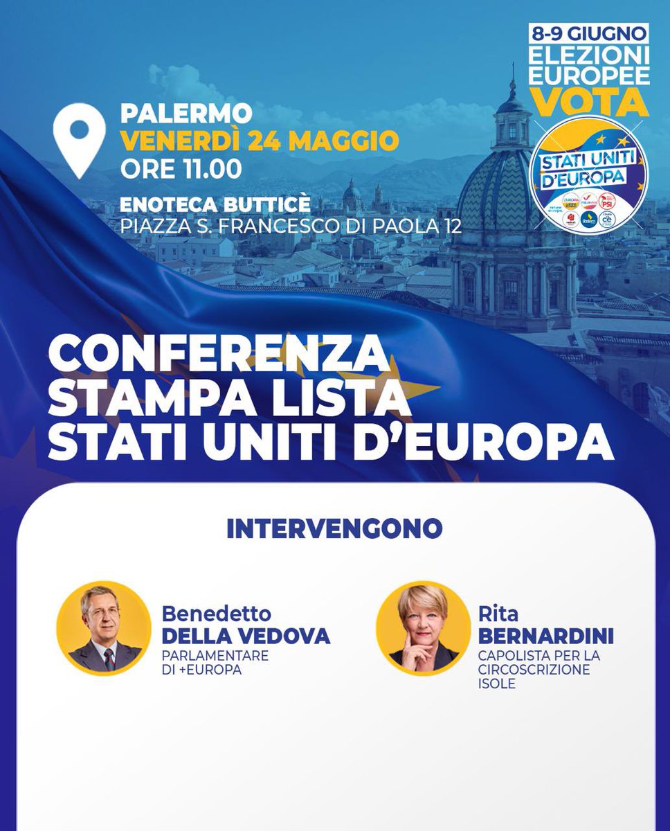 Domani mattina ore 11 a Palermo conferenza stampa della lista #statiunitideuropa con @ritabernardini, capolista nella circoscrizione isole!