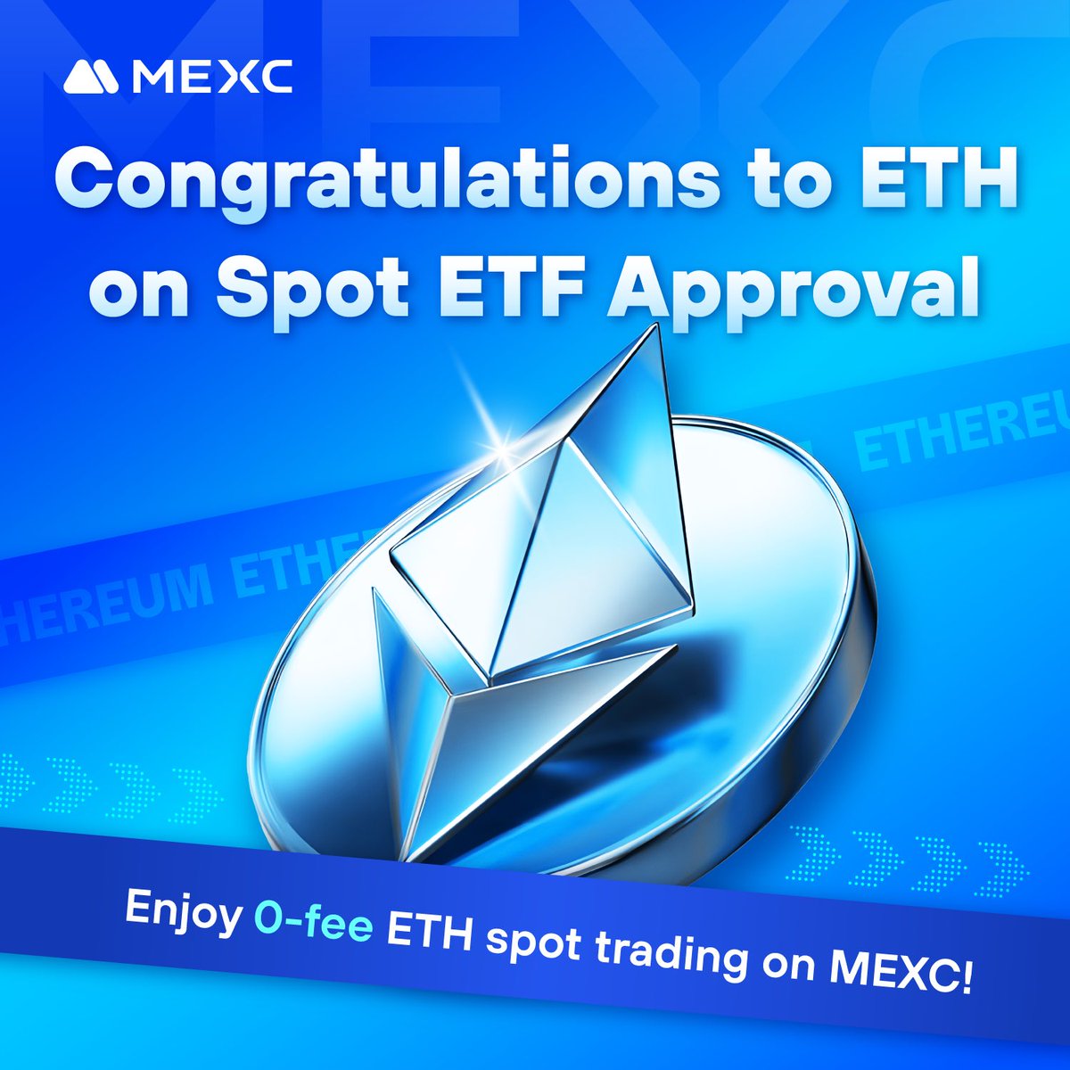 Big news in the crypto world! 🎉 

The SEC has approved the #EthereumETF, opening new doors for investors and solidifying ETH's place in mainstream finance. 

Trade $ETH with 0 fees on #MEXC and get ready for a new era of opportunities 👇
mexc.com/exchange/ETH_U…