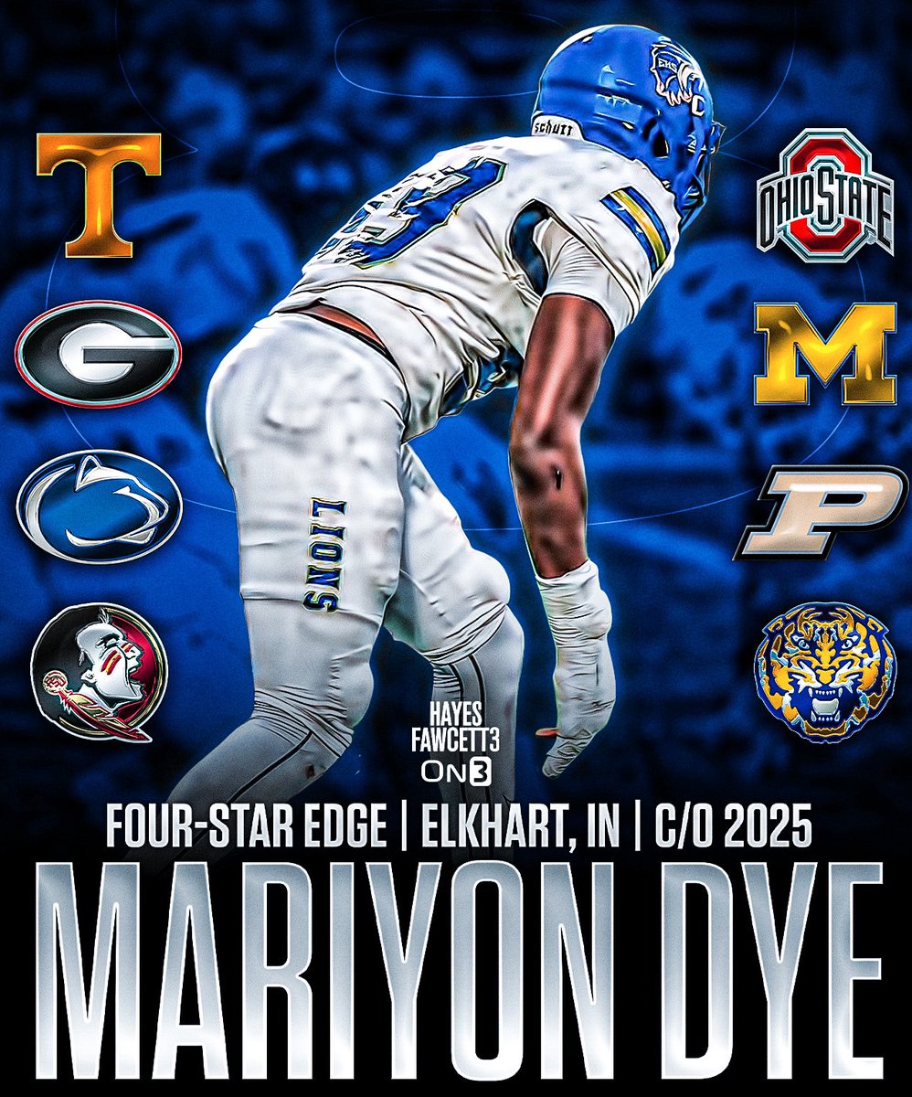 NEWS: Four-Star EDGE Mariyon Dye is down to 8️⃣ Schools, he tells me for @on3recruits The 6’5 250 EDGE from Elkhart, IN is ranked as a Top 40 Recruit (No. 5 EDGE) in the ‘25 Class (per On3) Where Should He Go?👇🏽 on3.com/db/mariyon-dye…