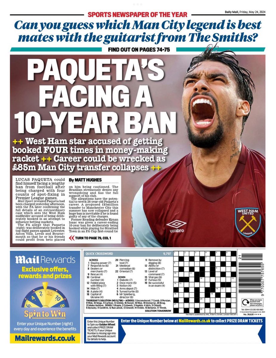 Introducing #TomorrowsPapersToday back page from: #DailyMail West Ham star facing 10 year ban Check out tscnewschannel.com/the-press-room… for more newspapers. #buyanewspaper #buyapaper #pressfreedom #journalism