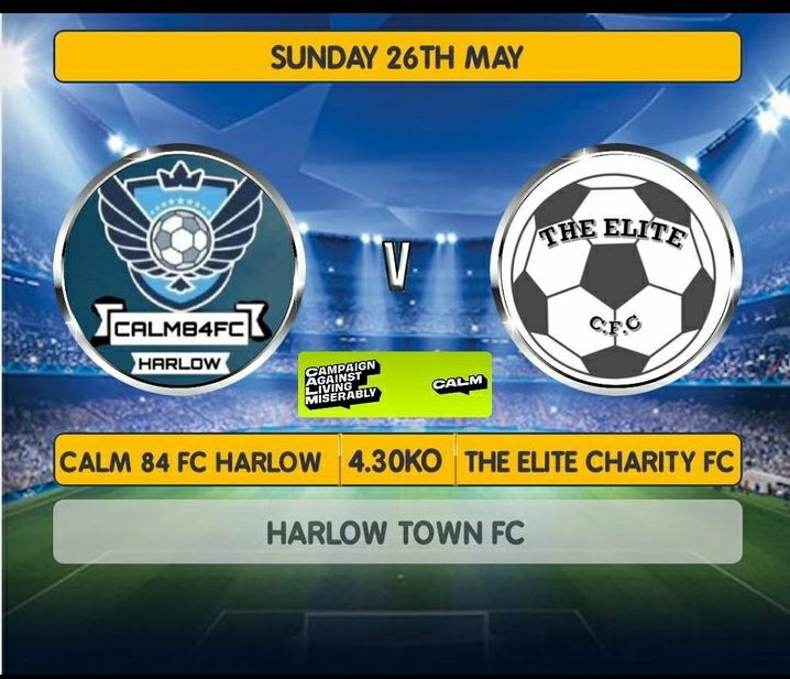 This Bank Holiday weekend come down and support the lads. 4:30pm Kick off this Sunday at Harlow Fc Stadium, Elizabeth Way, Harlow CM19 5BE. Doors open at 3:30pm hoping to have food and drinks available as well. Donations greatly appreciated on entry for CALM 💙
