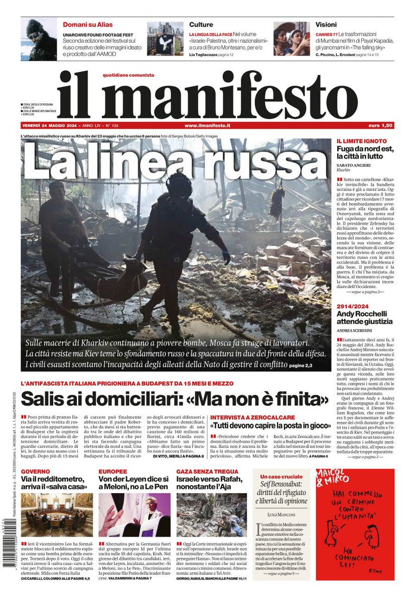 Sulle macerie di Kharkiv continuano a piovere bombe, Mosca fa strage di lavoratori. La città resiste ma Kiev teme lo sfondamento russo. I civili esausti scontano l’incapacità degli alleati della Nato di gestire il conflitto #ilmanifesto #primapagina #24maggio