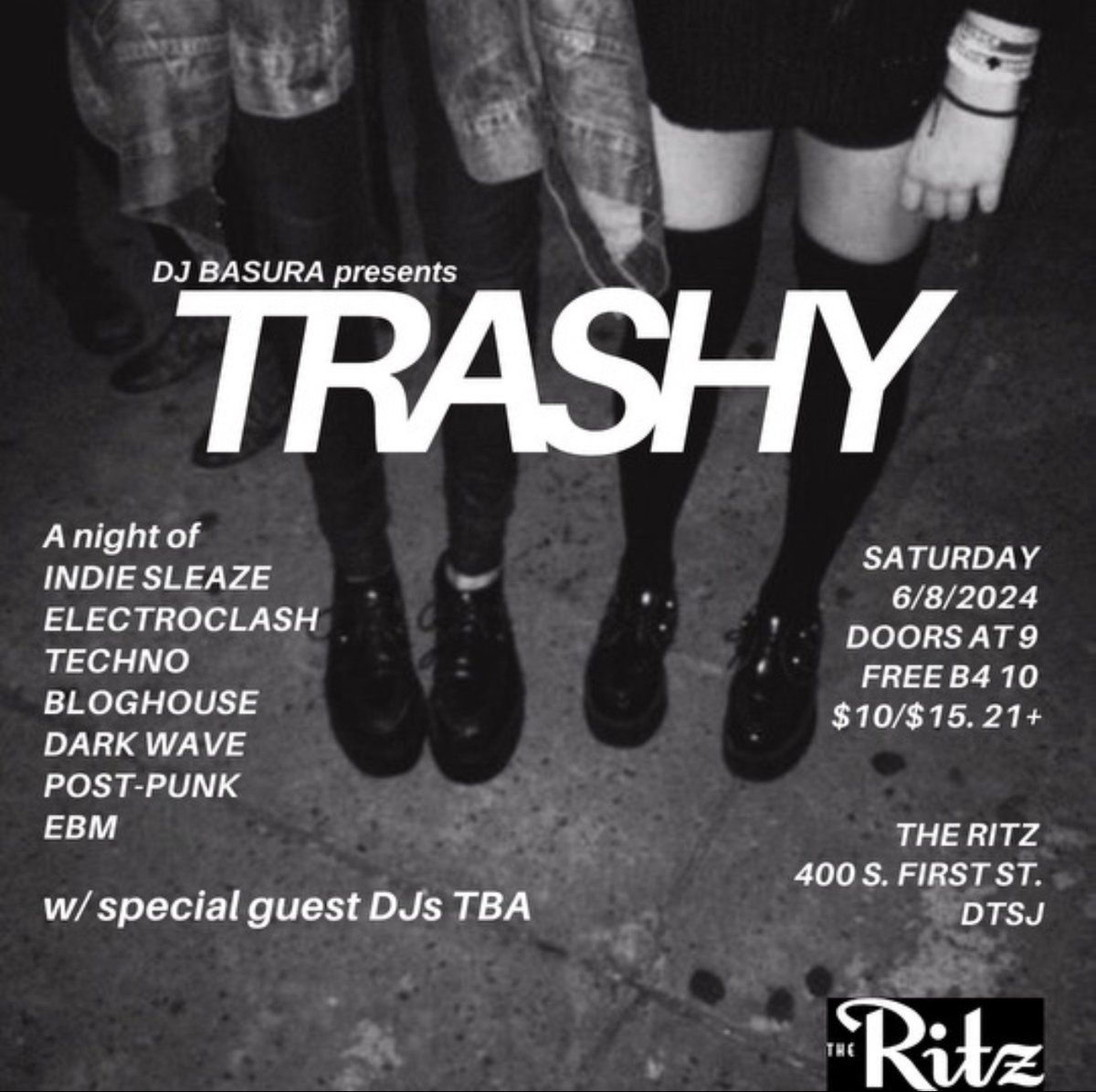 👄 TRASHY 👄 

Just announced! FREE before 10PM! Tickets on sale now!

Saturday // 06.08.24 // 9PM // 21+⁠
🎫 l8r.it/nNgw 🎫⁠
⁠
🏷️ #trashydanceparty <a href="/djbasura/">Depress Mode</a> #indiesleaze #electroclash #techno #bloghouse #darkwave #danceparty #dancenight #theritzsj