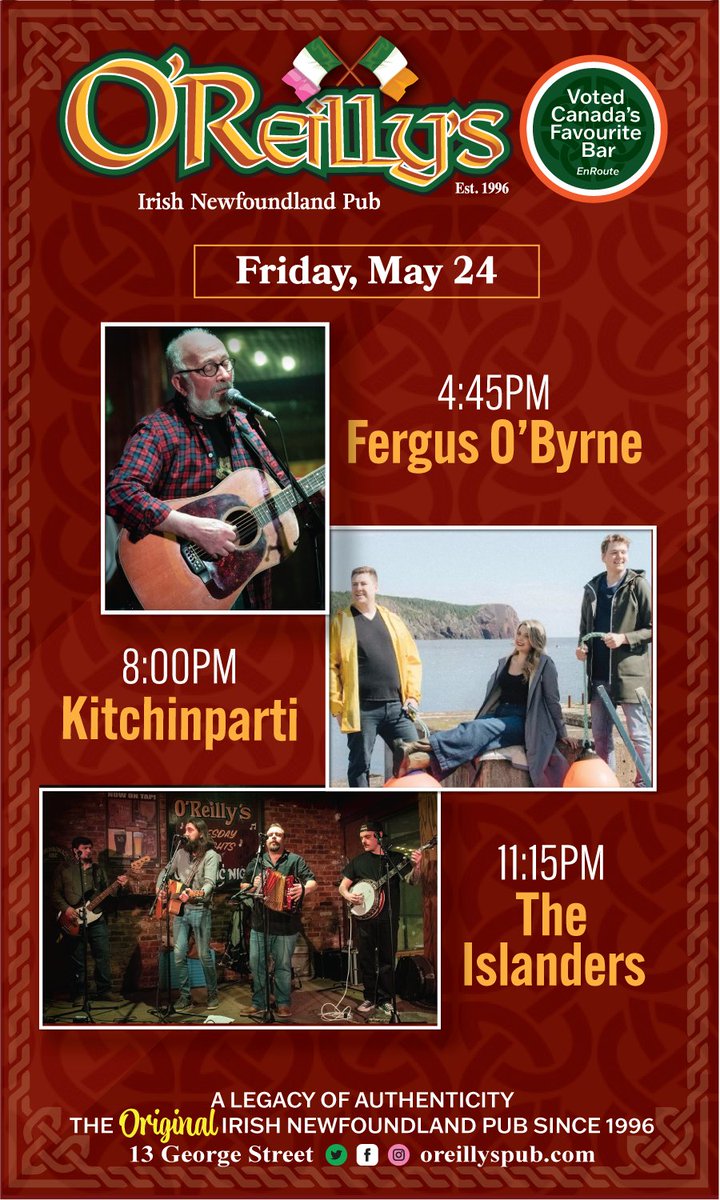 🍀Friday Night at O'Reilly's🍀
Plan your Friday early! Come early, have a meal and enjoy the music!
#Friday #lineup #welcometotheexperience #theoriginalirishnewfoundlandpub #georgestreet #downtownstjohns