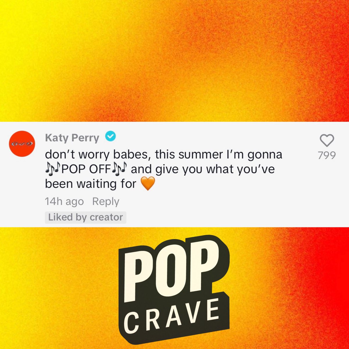 PopCrave's tweet photo. Katy Perry teases new music dropping this summer in recent TikTok comment:

“this summer l'm gonna 🎶POP OFF🎶” https://t.co/siYpkMZRo0