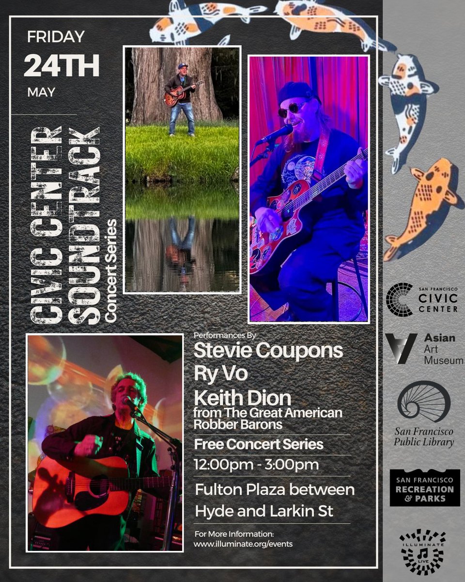 The Civic Center Soundtrack series continues tomorrow with more free live music! Tomorrow's lineup features Stevie Coupons Ry Vo Keith Dion from @TheRobberBarons Come out to Fulton Plaza (between Hyde & Larkin St) 12-3pm, 5/24 & enjoy a long lunch after a busy week! @recparksf