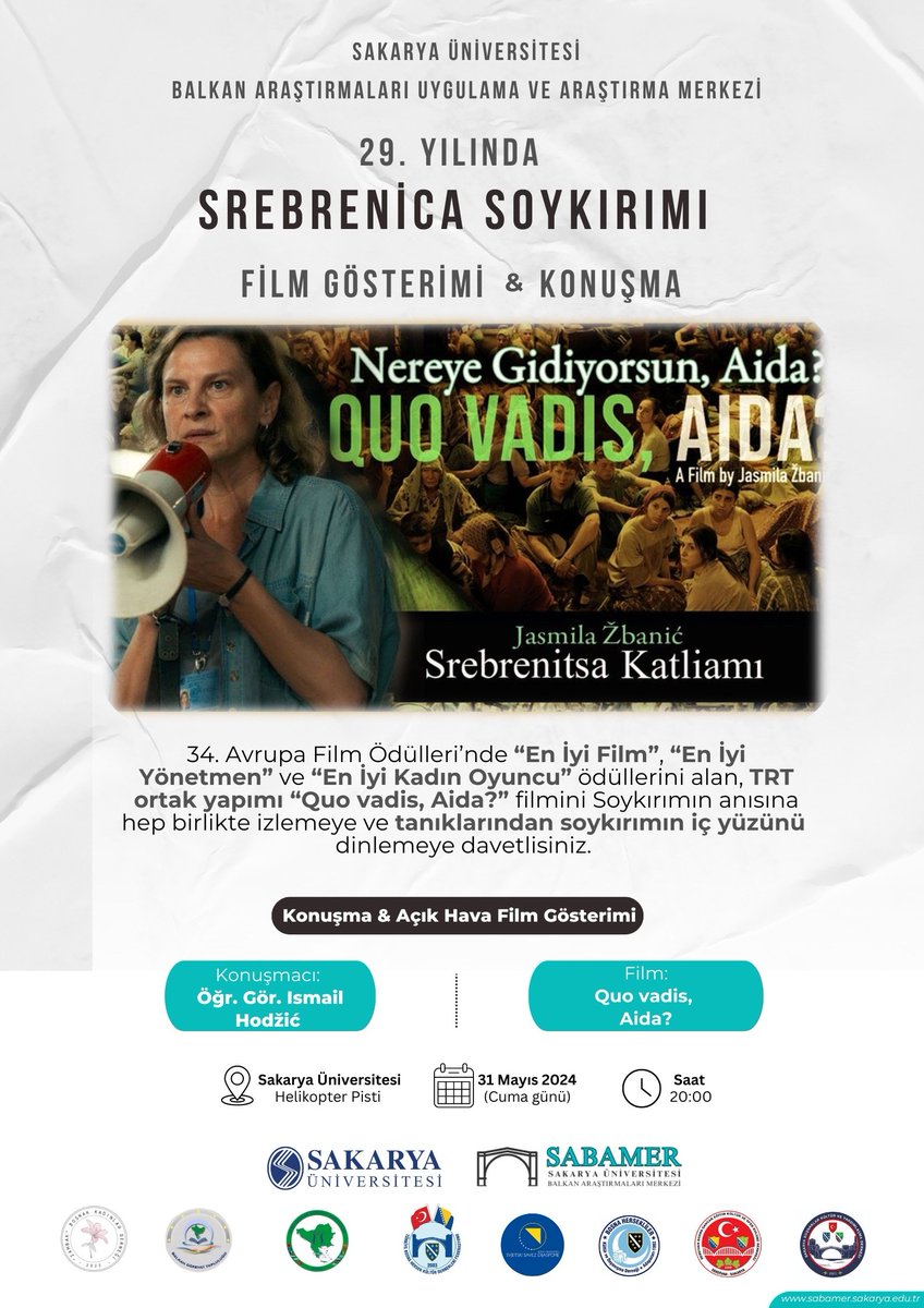 İnsanlığa karşı işlenen suçlar unutulmamalı, unutturulmamalıdır.  SABAMER'in Srebrenitsa soykırımının yıl dönümünde düzenleyeceği açık hava film gösterimine davetlisiniz. <a href="/sakaryauni/">Sakarya Üniversitesi</a> <a href="/ProfDrHamzaAl/">Hamza AL</a> #srebrenica