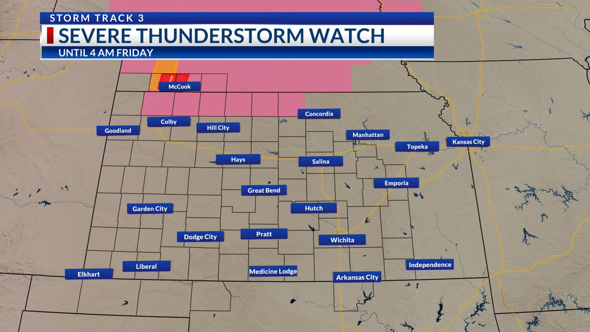 #kswx #newx A SEVERE THUNDERSTORM WATCH is in effect until 4 AM Friday for a sliver of counties near the Kansas/Nebraska state line. Damaging winds are primary, but a quick spin-up tornado along the leading edge cannot be ruled out. The local fire department in Stratton,