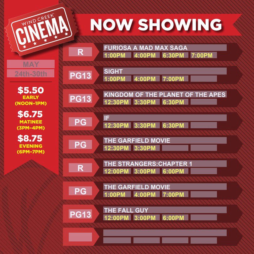 Cinema Showtimes 🎞 What are you seeing this weekend?👀 ⌚️HOURS Noon - 7pm 🍿PRICING Early: Noon - 1pm / $5.50 Matinee: 3pm - 4pm / $6.75 Evening: 6pm - 7pm / $8.75 🥤DON'T FORGET YOUR CINEMA REWARDS CARD #Movies #Theater #Cinema #NowShowing #ShowTimes #Entertainment #WCAtmore