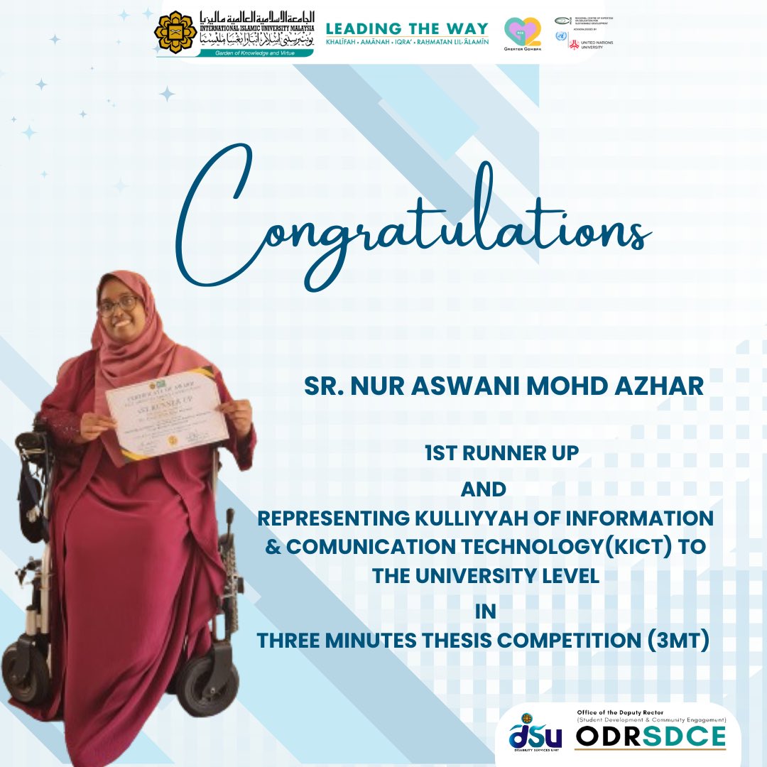 Congratulations Sr. Aswani on your remarkable achievement. May your success inspire others to strive for excellence.

Together we rise in achieving SDG disability and inclusive goals in IIUM and in Malaysia!