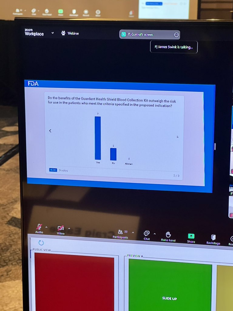 The moment in the room when the FDA advisory committee voted 7-2 to approve @GuardantHealth Shield for #ColorectalCancer screening. This was a big day, and hopefully many more pts will soon have another screening option!