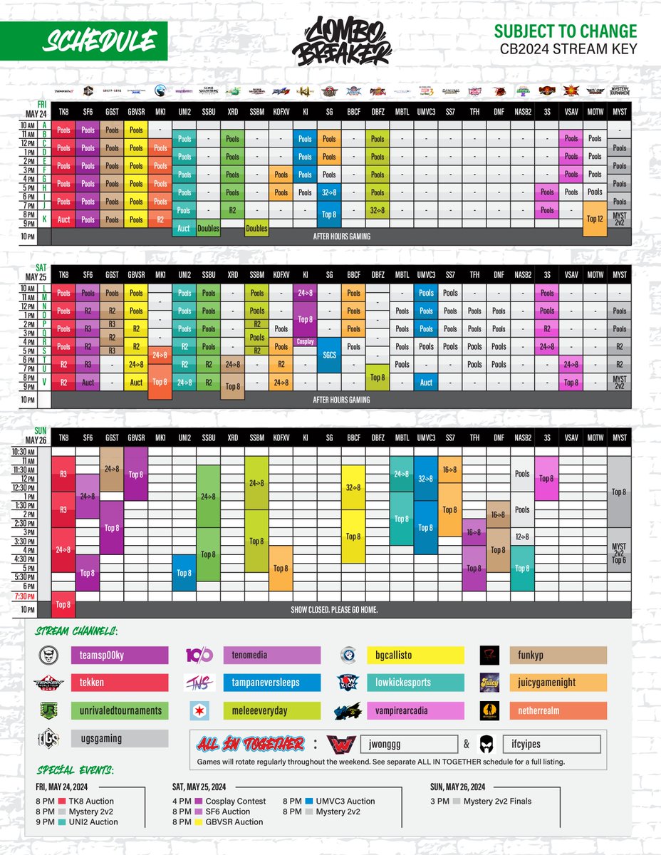 COMBOBREAKER's tweet image. Combo Breaker 2024 officially kicks off tomorrow at 10 AM CT.

Here is the stream schedule for the weekend. #CB2024