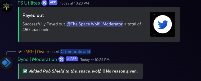 tsdiscordserver's tweet photo. Congrats to @SpaceWolf5588!

Enjoy 14 days of Rob Protections and 450 Space coins! https://t.co/DJSIRnFIPm