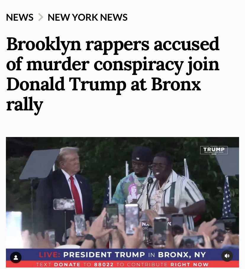 LAW AND ORDER! Rappers Sheff G and Sleepy Hollow — who were indicted last year as part of an investigation into a vast murder conspiracy by two Brooklyn gangs — exchanged warm words with the presumptive GOP presidential nominee in Crotona Park. nydailynews.com/2024/05/23/bro…