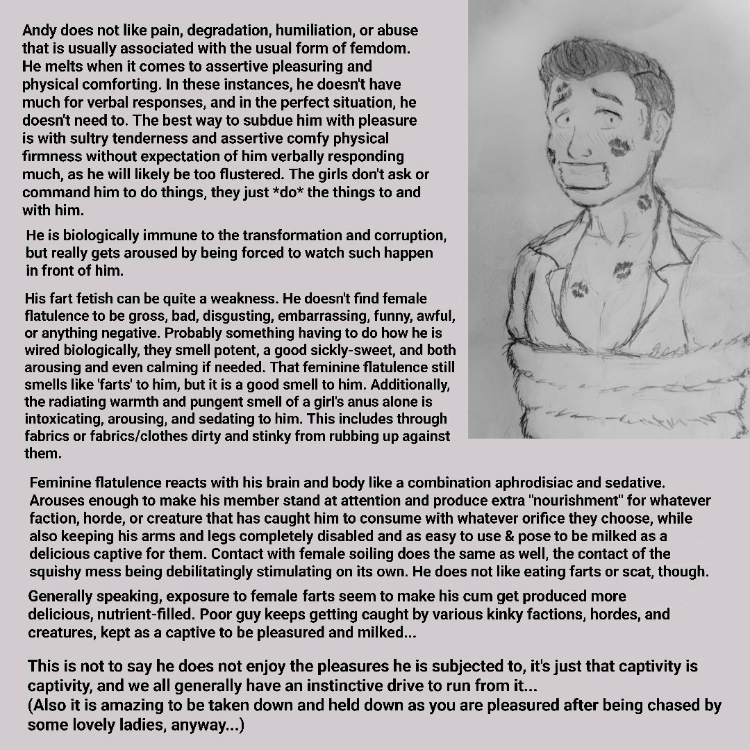 Finally got around to doing a character sheet for my featured OC, Andy. May not be able to get TFed, but I gave him some nourishing and power-boosting "seed" to make him a worthy target to see how the characters and hordes would go about using him... (Second image is usage tips.)