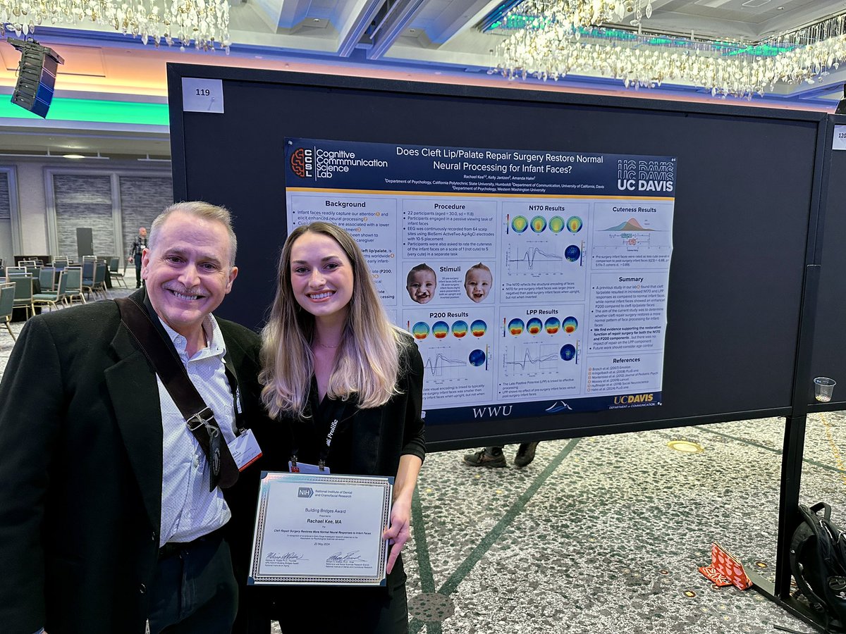 🎉Congratulations to Rachael Kee (@raachaelkee) who earned the @NIH Dental & Craniofacial Research Building Bridges award for her poster: Does Cleft Lip/Palate Repair Surgery Restore Normal Neural Processing For Infant Faces? Check out the poster now at #APS24SF poster number 119