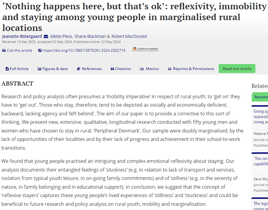 NEW ARTICLE ALERT!
Jeanette Østergaard, Mette Pless, Shane Blackman &amp; Robert MacDonald:
‘Nothing happens here, but that’s ok’: reflexivity, immobility and staying among young people in marginalised rural locations
tandfonline.com/doi/abs/10.108…