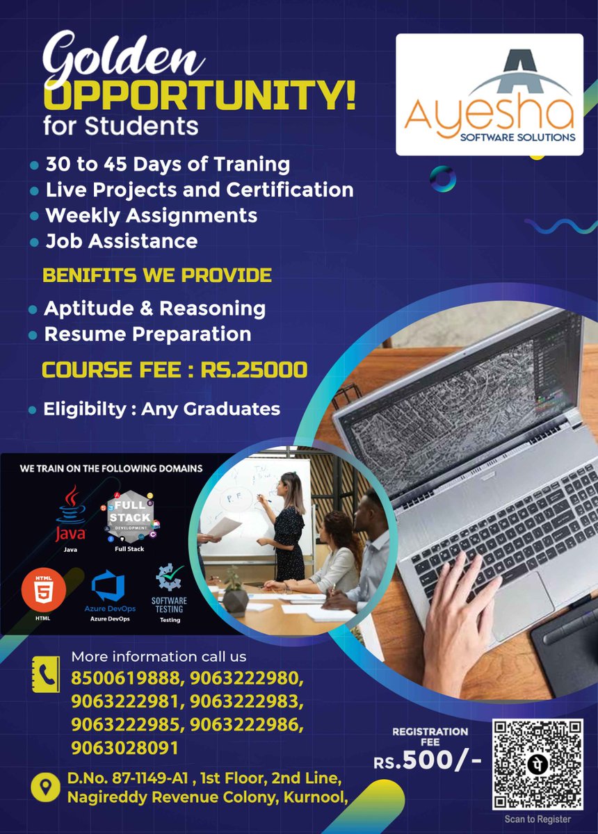 Train & Hire Golden Opportunity by Ayesha Digital Academy & Software Solutions

Eligibility- Any graduates from 2010 - 2024
Contact: 9063222981

#trainingacademy 
#html 
#DevOps 
#testing 
#Hyderabad 
#Graduation2024 
#traningday 
#jobseekers 
#FacebookPage 
#postgraduatestudies