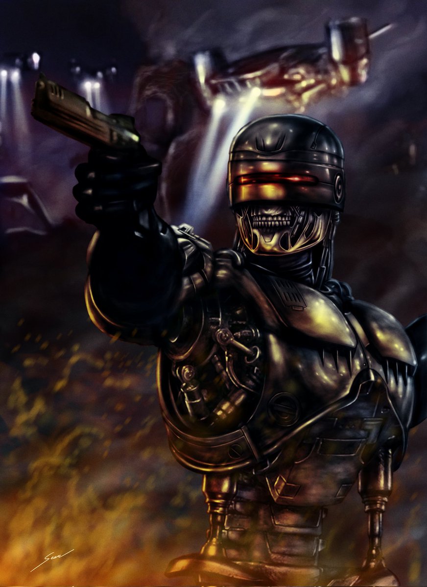 SeanWaluskoArt's tweet photo. That time I painted Robocop as a T-800. #robocop #terminator #illustration #artist #realart #notoai #painting #art #scifiart #scifi #sciencefiction #movie https://t.co/rDfwaNQBZb
