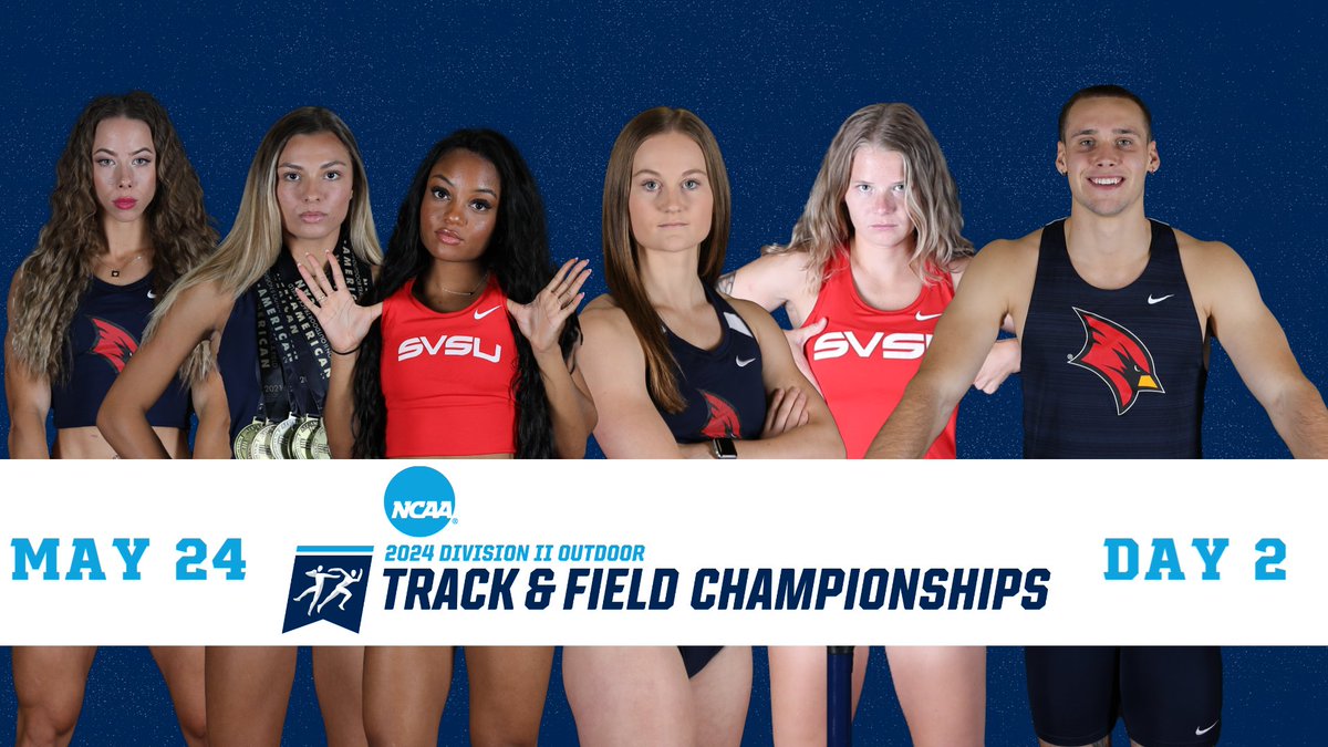 🚨NCAA DII OUTDOOR CHAMPIONSHIPS DAY 2🚨 🏃‍♂️ @SVSU_XCTF 🏃‍♀️ 📅: MAY 23, 2024 📍: EMPORIA, KAN. 📺: bit.ly/3wzQWru #BeaksUp #GoCards #StandOut #SVSUTF