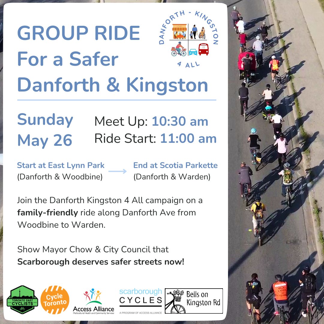 [3/3] Second, you can join us on our family-friendly group ride on May 26 at 10:30am.  Starting at East Lynn Park, we'll ride together to experience how much safer it feels to ride on a complete street.

RSVP here: actionnetwork.org/events/group-r…

#BikeTO #WalkTO #TOpoli #ScarbTO #Ward20