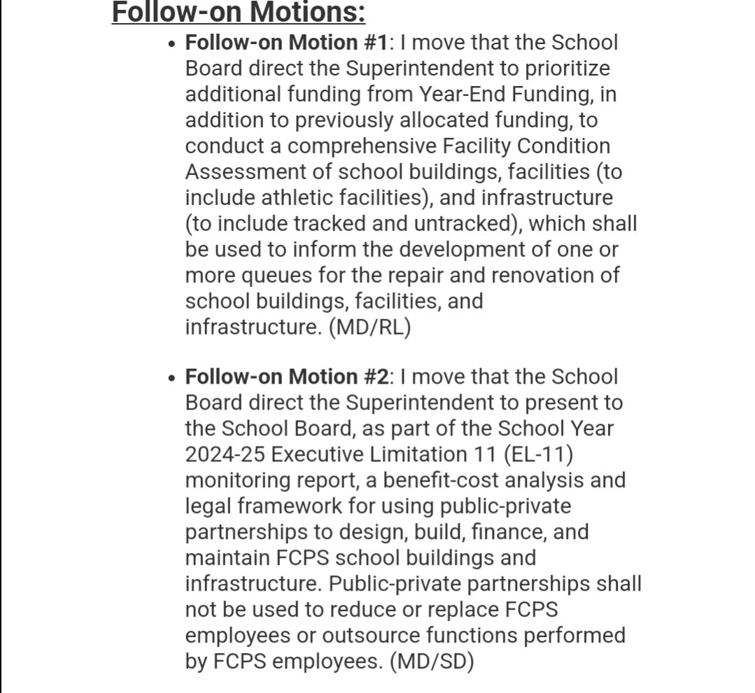 The SB deadlocks 6-6 on a Dunne proposal to conduct a comprehensive facility condition assessment of school buildings & facilities. 

The SB passes a Dunne proposal to investigate public/private partnerships to design, build, finance, & maintain facilities & school buildings.