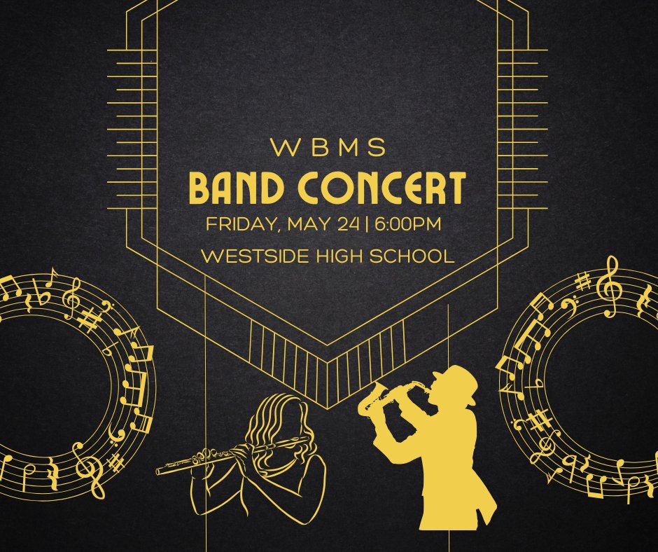wbmspto's tweet photo. Please come and out support WBMS Band at their concert tomorrow, Friday, May 24 at 6pm. Please note the concert will be held at Westside High School! 
🎺🎷🎼🪈

@WestBriarMS #letsgogrizzlies! https://t.co/l7XoMOIBCP