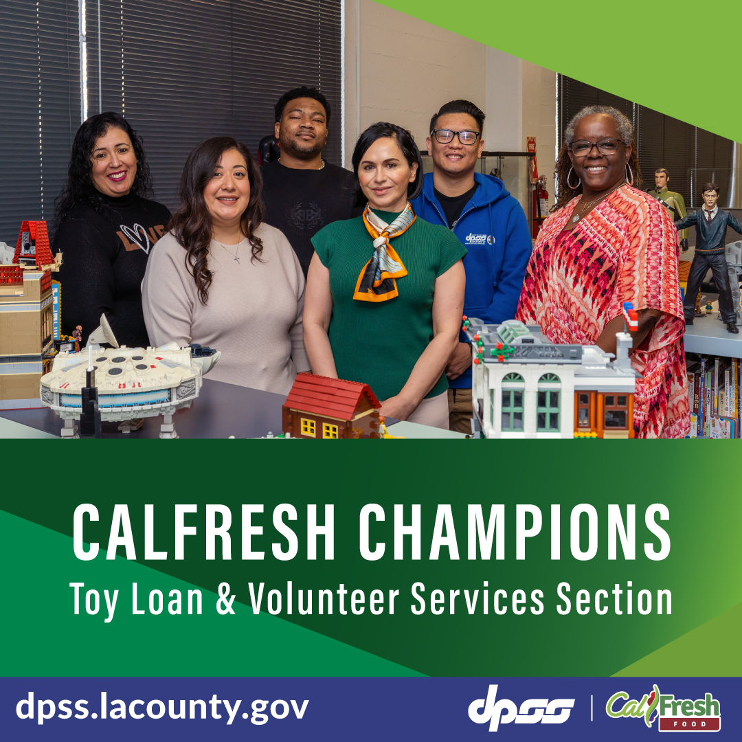 As DPSS highlights #CalFreshChampions, let's recognize our own Toy Loan & Volunteer Services Section for their support of #CFAM2024. Also, thanks for getting toys to children and promoting volunteerism 🧸🪀🤝

#EatBetterLiveBetter with #CalFresh & apply benefitscal.com 🍅