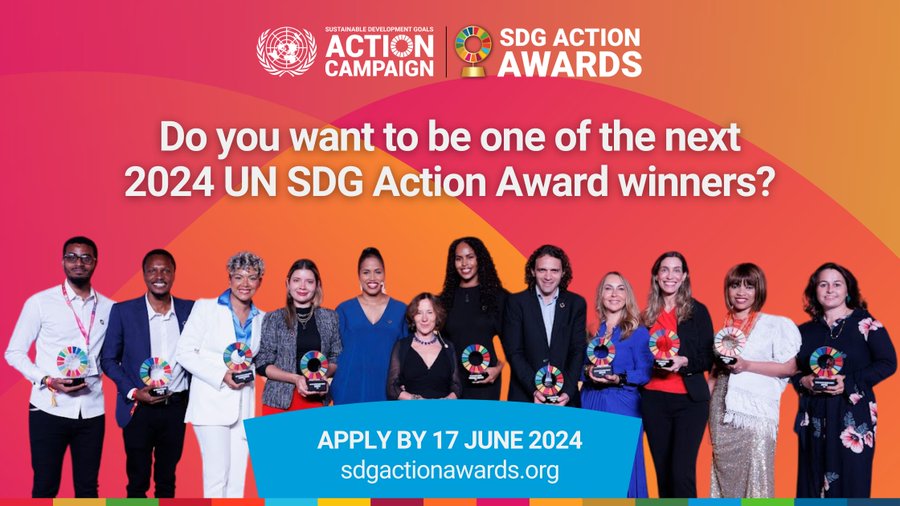 The UN @SDGaction Campaign has launched the call for applications for the 🏆2024 #SDGAwards! 📣 Are you a #changemaker leading an initiative that drives positive change toward a more inclusive & sustainable future? Apply by 🗓️ 17 June: bit.ly/ApplySDGAwards #SDGs