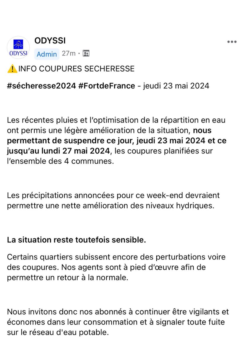 Odyssi annonce la suspension des coupures d’eau dans la CACEM