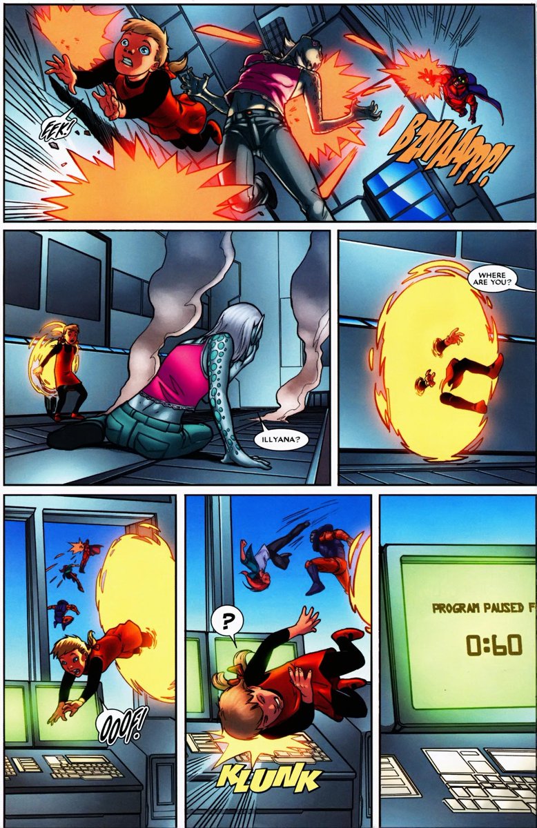 JackalsIII's tweet photo. #WolverineFirstClass 6
Logan wants to watch hockey but has to watch Kitty &amp; visiting young Illyana, Siryn &amp; Amp (from issue 1!)
A trip to the Danger Room startles Illyana, who opens a portal, but since she's not been to Limbo yet, its just a simple portal - which is nice https://t.co/0cL91tvxsX