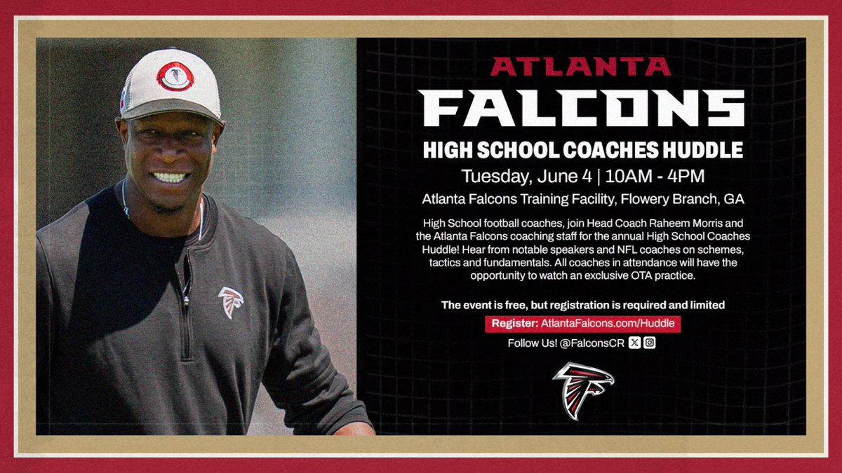 Attention all Georgia High School coaches! Get ready to up your skills and coaching tactics at the annual Atlanta Falcons High School Coaches Huddle, paired with an exclusive look at an OTA practice! You don’t want to miss this! Tuesday, June 4th: 10am-4pm Register below 👇