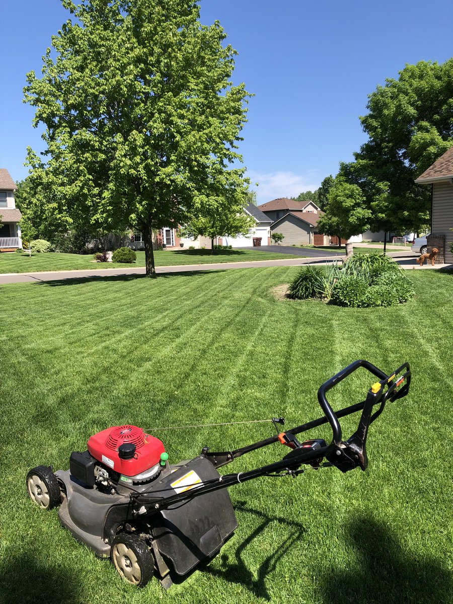 Theis23Aaron's tweet photo. @OutKickTNML As embarrassing as it has been to miss Opening Day, and the first few league night appearances, I am thrilled to be back behind the Mower! I do have a little less to mow this season with the batters box addition so should free up more time for Post-Mow Brews! #TNML https://t.co/g29rXcp8rd