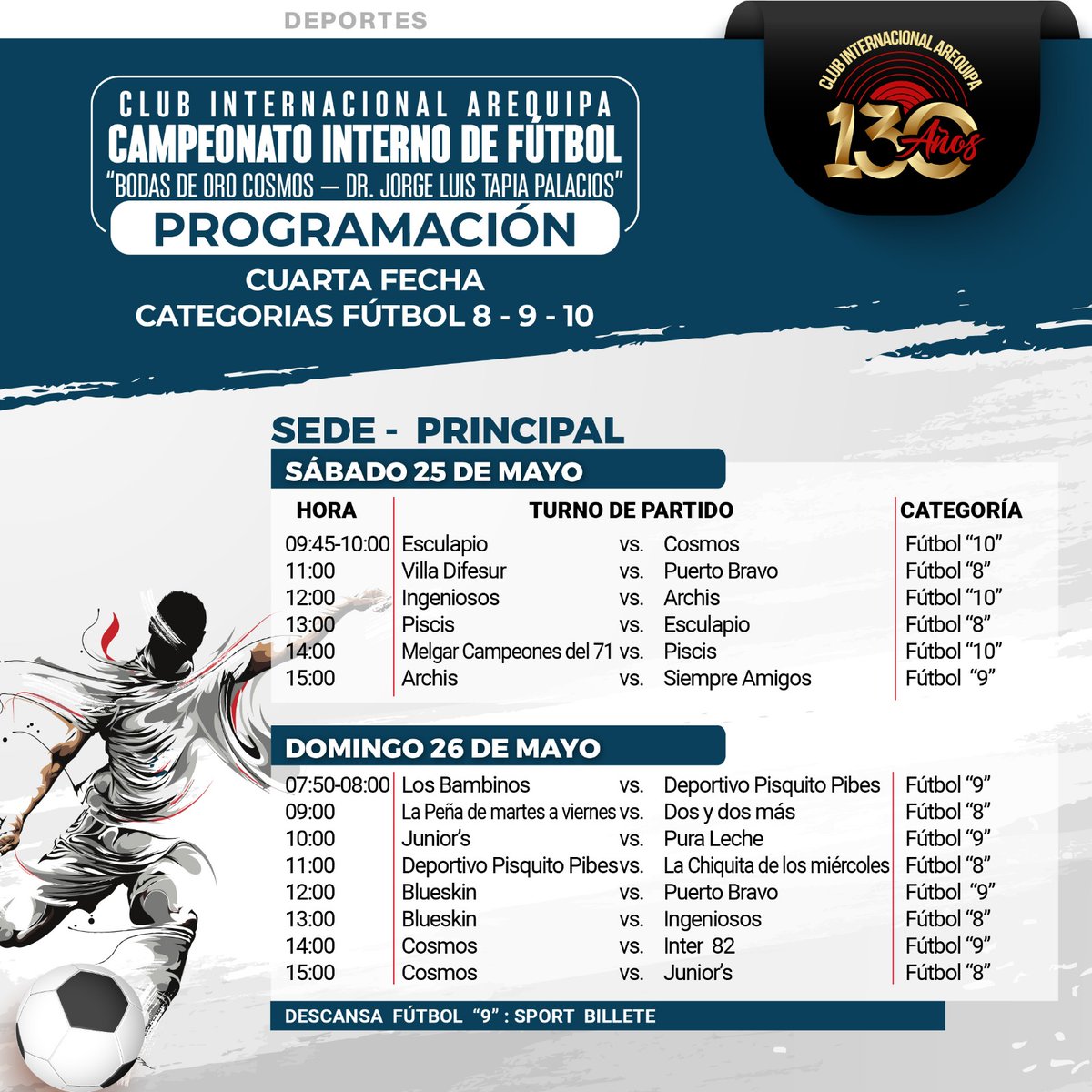 ClubInterAQP's tweet photo. 🎯 Estimados asociados, compartimos con ustedes la programación del Campeonato Interno de Fútbol “Bodas de Oro Cosmos - Dr. Jorge Luis Tapia Palacios". ⚽️ 

✅ Categorías: Fútbol 8 - 9 - 10 | Senior, Master y Super Master 
📅 Fecha 4: Sábado 25 y domingo 26 de mayo. https://t.co/k4FdhQAS8r
