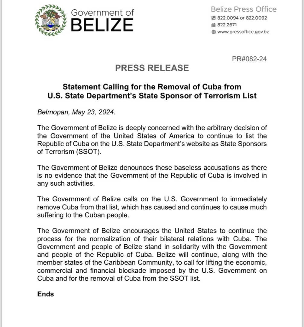 El Gobierno de #Belice 🇧🇿 ha pedido al Gobierno de EEUU que retire a #Cuba 🇨🇺 de la lista de Estados patrocinadores del terrorismo, porque su inclusión es arbitraria y no hay pruebas de que esté implicada en actividades de este tipo. 🔗cubaminrex.cu/es/pide-belice…