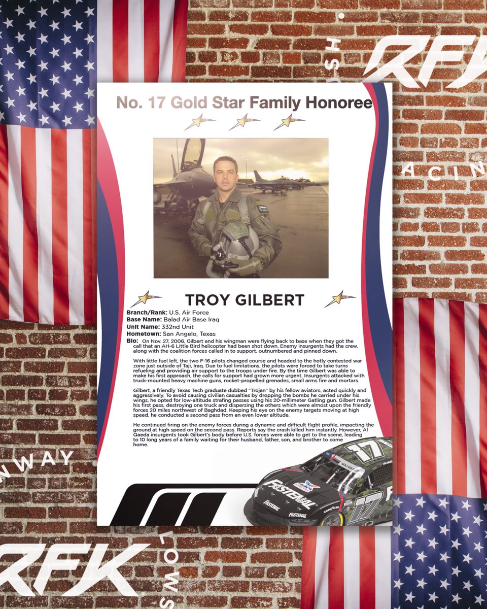 The No. 17 will honor the heroic efforts of @usairforce Major Troy Gilbert 🇺🇸