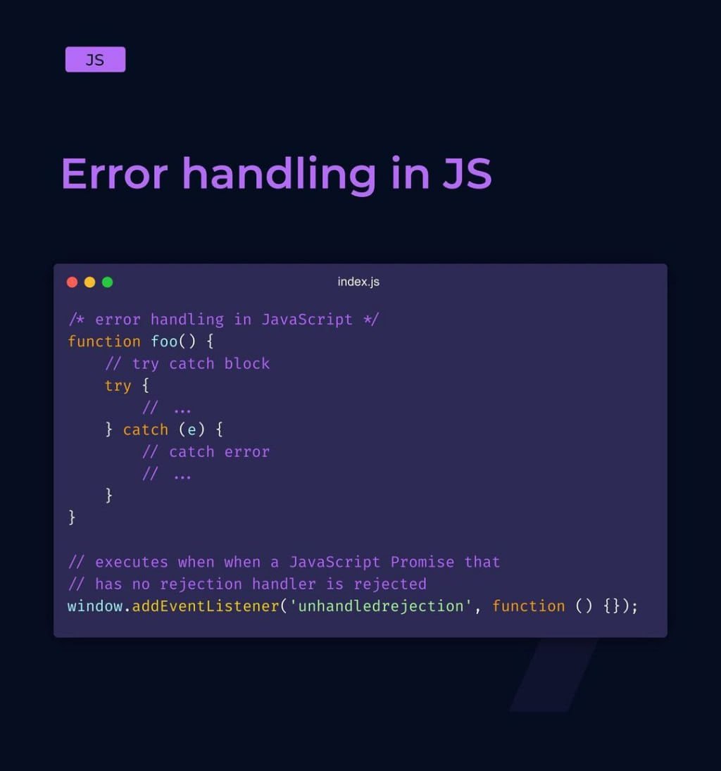 Jctech001's tweet photo. Error handling in JavaScript #javascript #webdev #techies #tech #twitter #joecode https://t.co/es00snjyXS