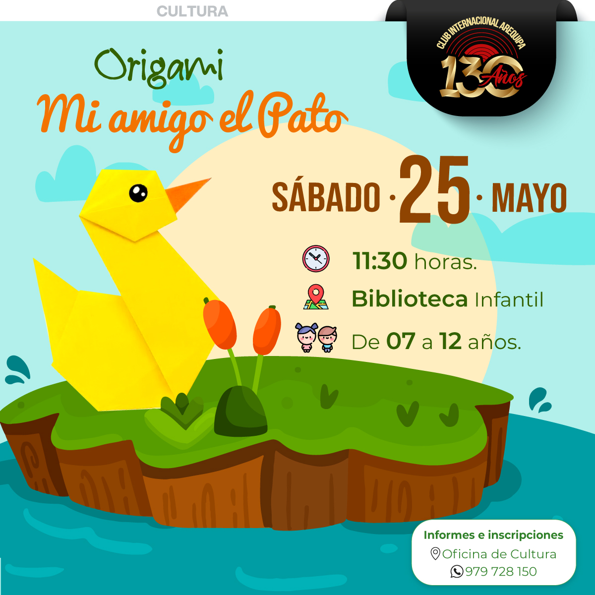 ClubInterAQP's tweet photo. 🎯 ¡Únete a la diversión en nuestro taller de origami "Mi amigo el Pato"! 🦆 

🌟 ¡Ven y descubre la magia del origami mientras te diviertes dando vida a nuestro amigo el Pato! 🌈 

🗓️ Sábado 25 de mayo. 
🕙 11:30 horas. 
📍 Biblioteca Infantil. 
👦🏻 De 07 a 12 años. https://t.co/9bfqVRZIlG
