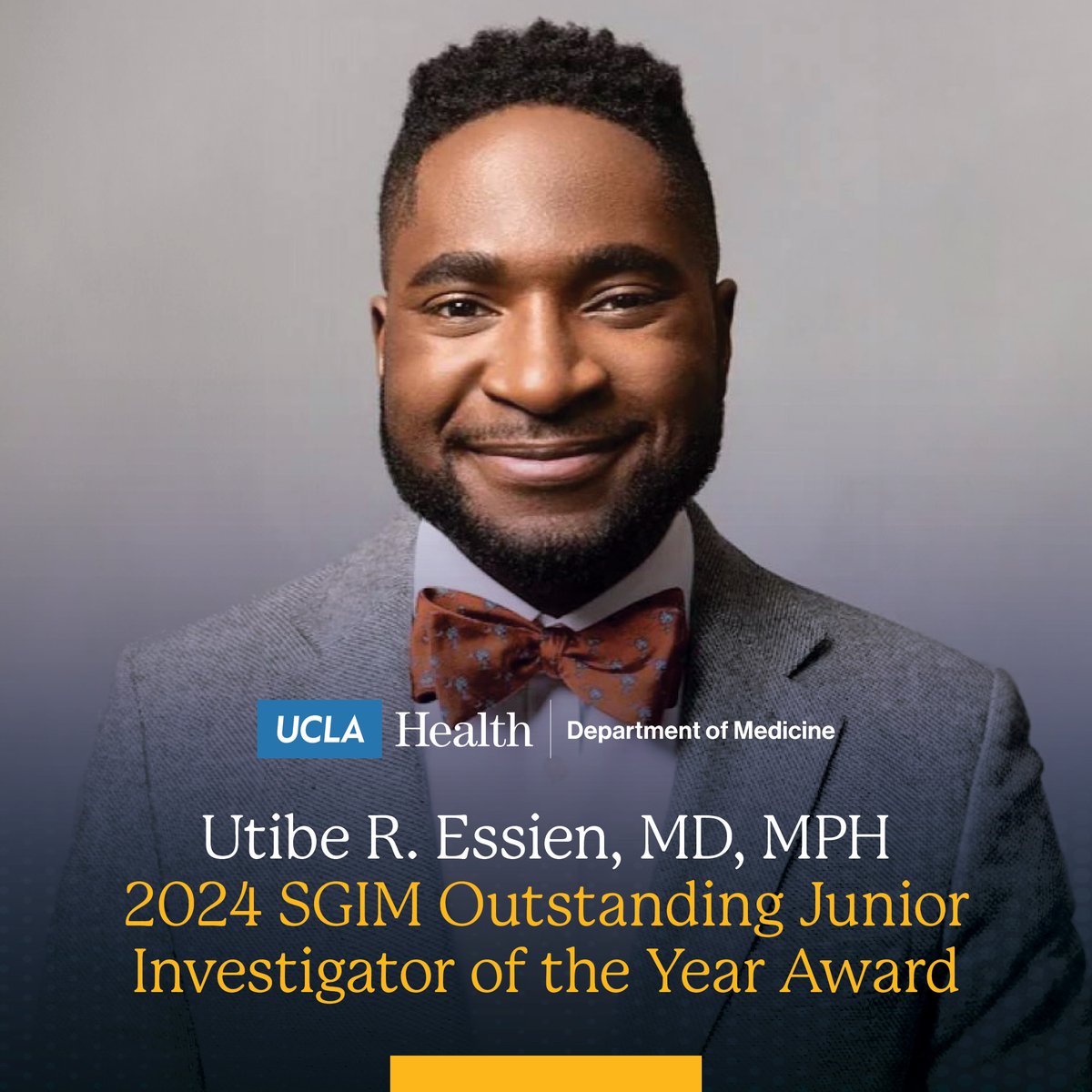 Congrats to Dr. Utibe Essien for receiving the 2024 Outstanding Junior Investigator of the Year Award from <a href="/SocietyGIM/">SGIM</a>. His research focused on eliminating racial disparities in healthcare access earned him this prestigious distinction. Learn more uclahs.fyi/4dG6Qom