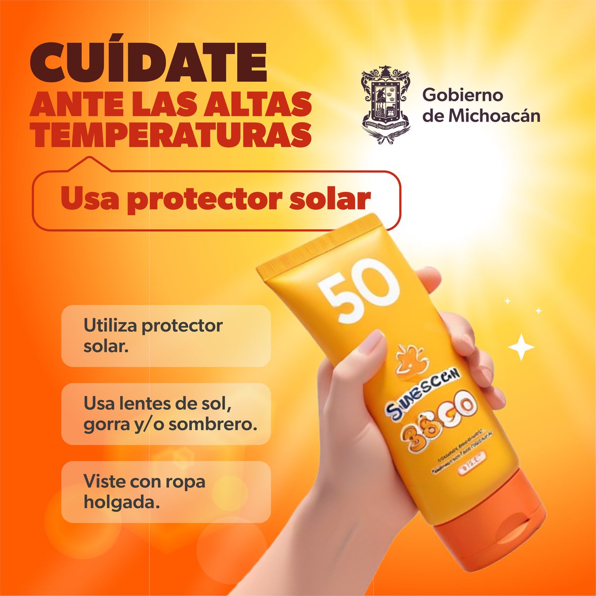 Cuídate de las altas temperaturas y usa protector solar diariamente. Ante cualquier síntoma de deshidratación, acude a tu unidad de salud más cercana.